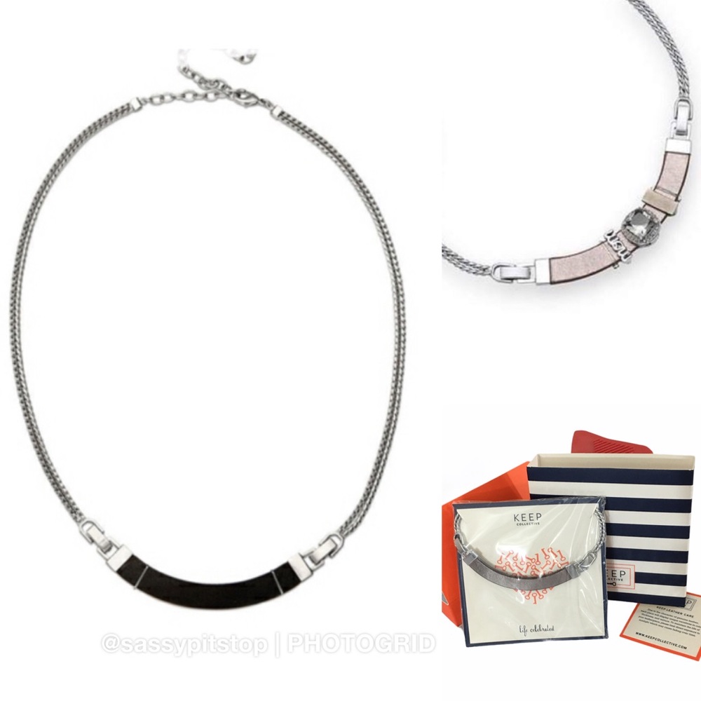 STELLA & DOT Keep Collective Chain Leather Necklace Black Silver